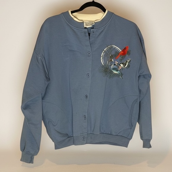 Vintage National Wildlife Federation Bird Embroidered Button Front Sweatshirt L - Picture 2 of 10
